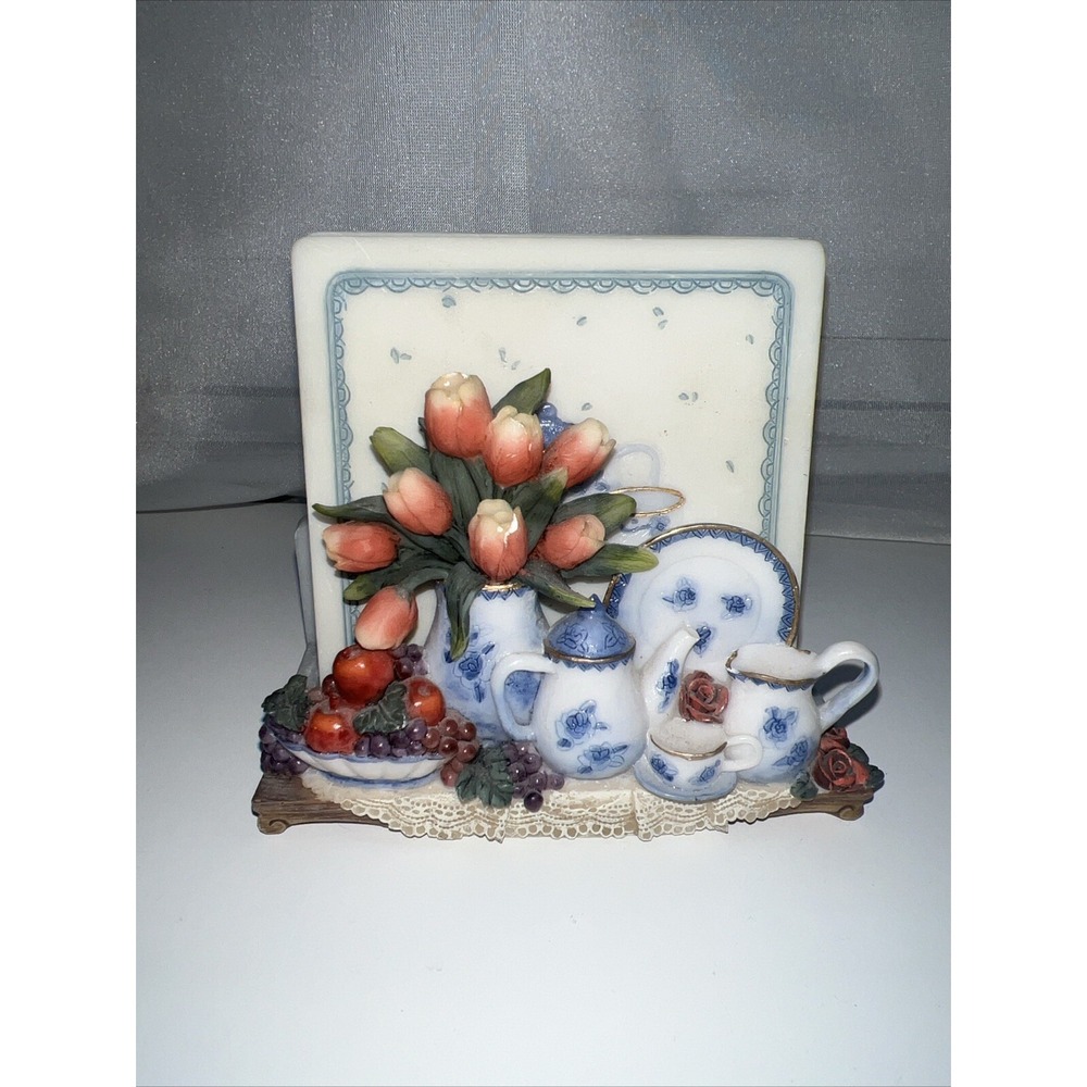 Vintage Ceramic Tea & Flowers Coaster Set of 4 with Floral Holder Multicolor